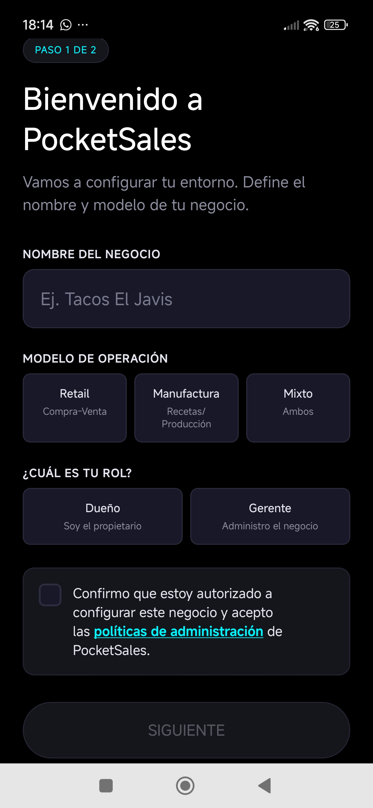 pantalla de bienvenida (crear negocio)