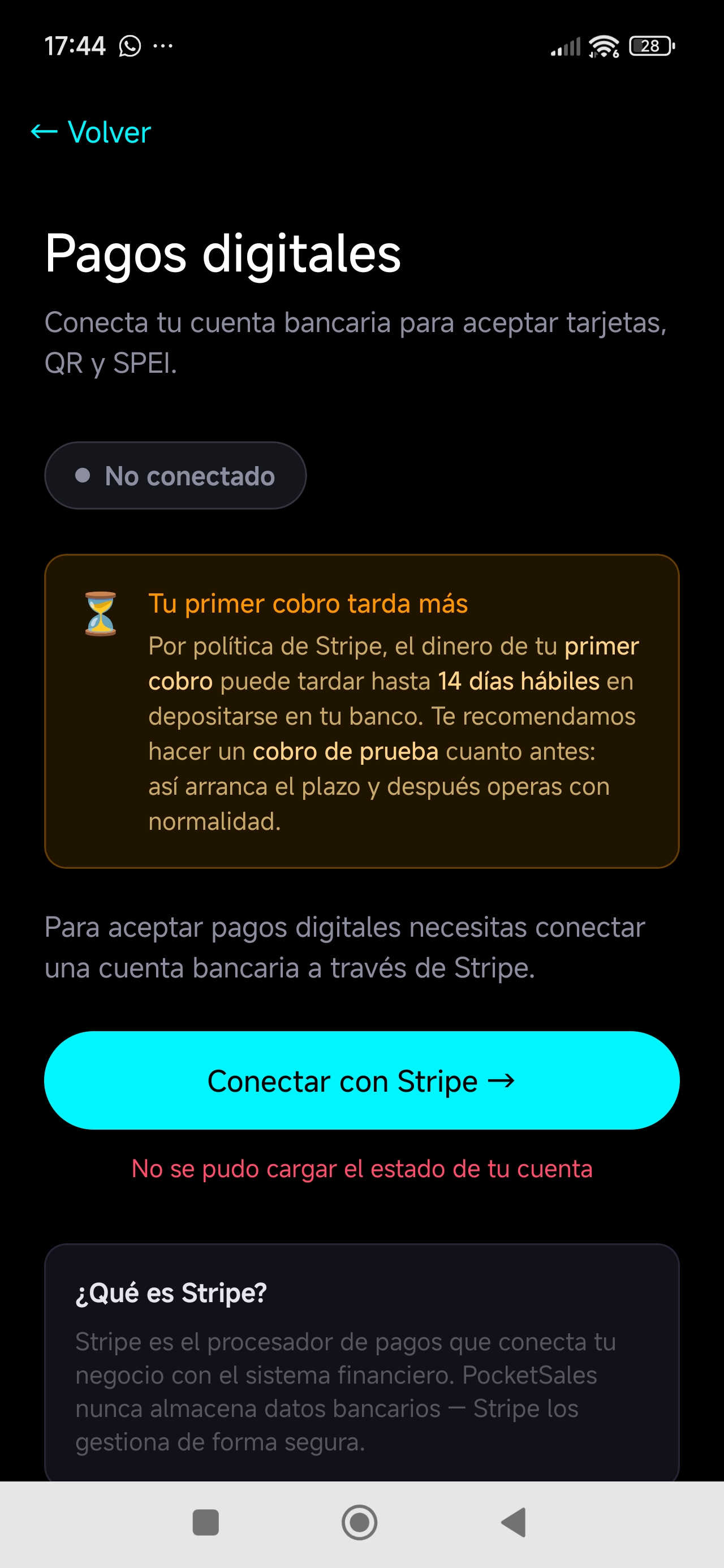 tarjeta 'Conectar con Stripe'